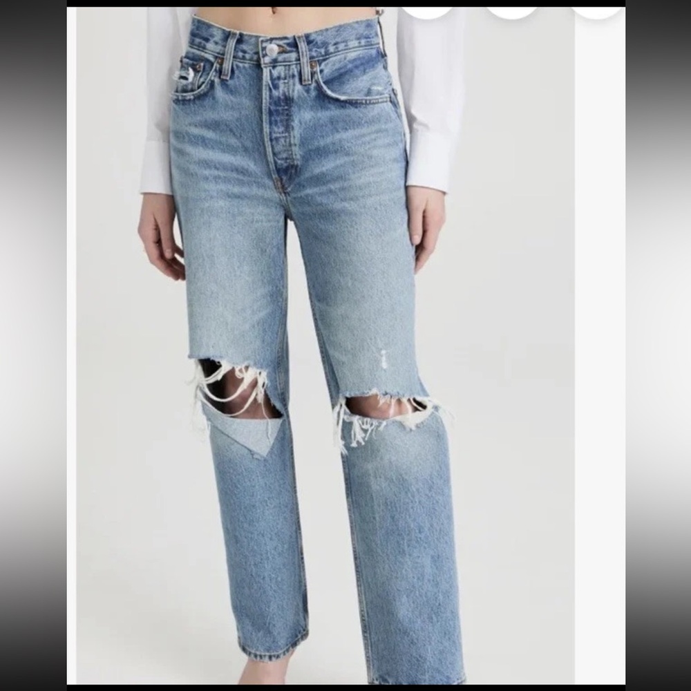 Re/Done 90’s crop low slung distrest Light Blue Ripped Straight Leg Jeans